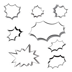 Monochrome set of explosions and flashes. Blank frame templates for text in cartoon comics style. Pop art vector illustration with objects isolated on white background