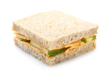 Tasty sandwich with cucumber on white background