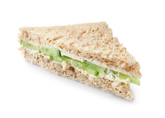 Tasty sandwich with cucumber on white background