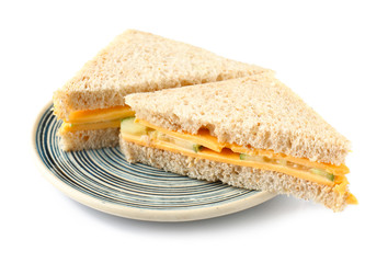 Plate with tasty cucumber sandwiches on white background