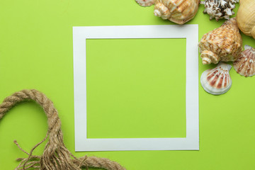 Summer frame. Paper frame for your text and seashells on a bright green background. top view