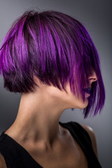 Fashion Woman Purple Short Hair Gray Background