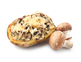 Tasty stuffed potato on white background