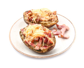 Plate with tasty stuffed potato on white background