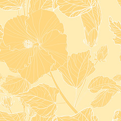 Decorative seamless pattern with hand-drawn line yellow Tropical hibiscus flowers and leaves.