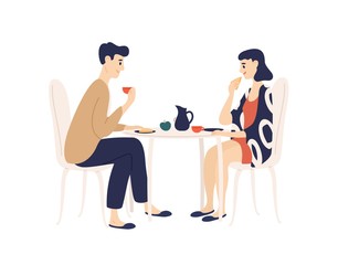 Funny young man and woman sitting at table and eating breakfast in morning. Smiling boy and girl dining together at home. Daily life of cute happy couple. Flat cartoon colorful vector illustration.