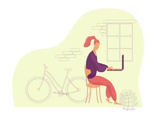 Side view of a young woman sitting on a chair and working on a laptop with a bicycle by the window in the background. Color vector flat illustration with purple linear elements.