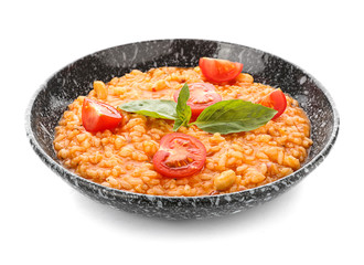 Plate with tasty risotto on white background