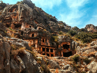 Lycian tombs of Mira Remains of ancient tombs in the rock Lycian culture Close-up photo