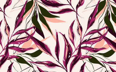 Tropical  pattern with palm tree in red pink colors. Vector  banana leaves illustration, drawn with contour lines against pink background. Backdrop with foliage of jungle plants. Vector