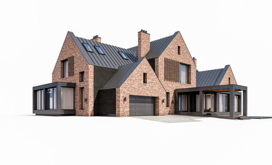 3d rendering of modern cozy clinker house on the ponds with garage and pool for sale or rent. Isolated on white