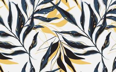 Summer Tropical  pattern, Vector palm tree  banana leaves sketch  drawn with contour lines against white background. Backdrop with foliage of jungle plants.  Outline design