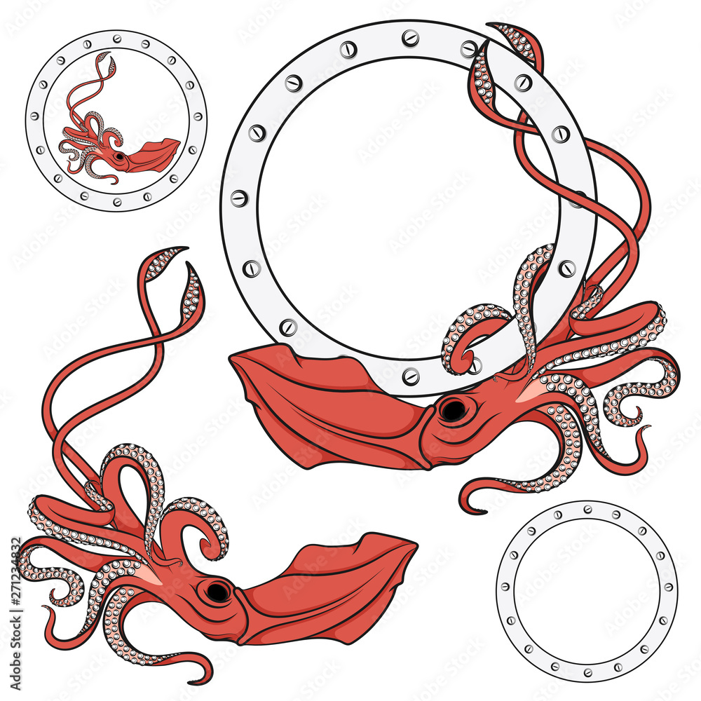Aufkleber color illustration with the image of a red squid. set of vector isolated objects on white background