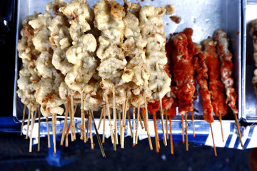 Deep fried chicken innards at a food cart