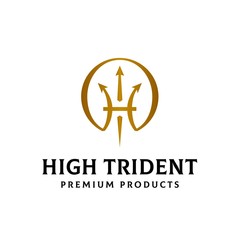 letter H trident circle gold logo design