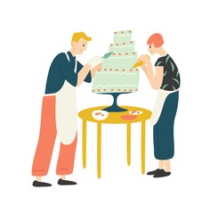 Smiling man and woman decorating cake. Happy boy and girl baking, cooking or making dessert, confection or pastry. Cute couple enjoying their hobby together. Flat cartoon colorful vector illustration.