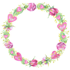 Wreath with pink roses and floral elements, hearts  on a white background .Hand painted in watercolor.