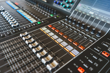 Sound equipment, large mixing console for sound producer.