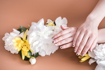 Closeup view of woman with beautiful hands on color background, space for text