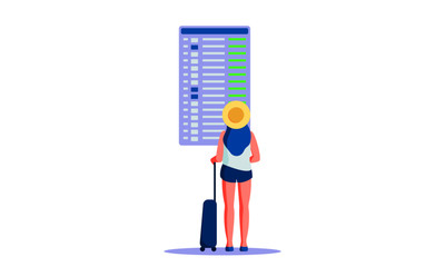 Girl looking at airport timetable vector illustration. Flat female blue hair character with travel suitcase looking at flight departure board. Concept of travelling, tourism, vacations, wanderlust.
