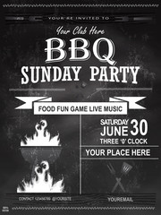 BBQ party invitation template on chalkboard. Summer Barbecue weekend flyer. Grill illustration with food sketches elements. Vector design for celebration, invitation, greeting card