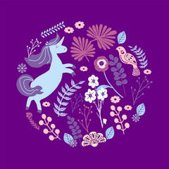 Fototapeta na wymiar Unicorns on a floral background with a fairy forest. Vector Romantic hand drawing illustration