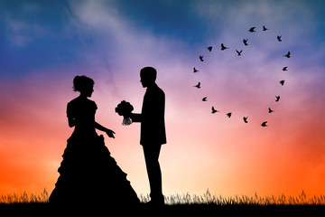 Fototapeta premium illustration of Bride and groom at sunset