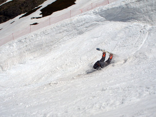 Snowboarder fell into the snow from a great height. Russia Sochi 05.11.2019