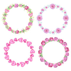 4 wreaths with pink roses, peony and floral elements, heart  on a white background .Hand painted in watercolor.