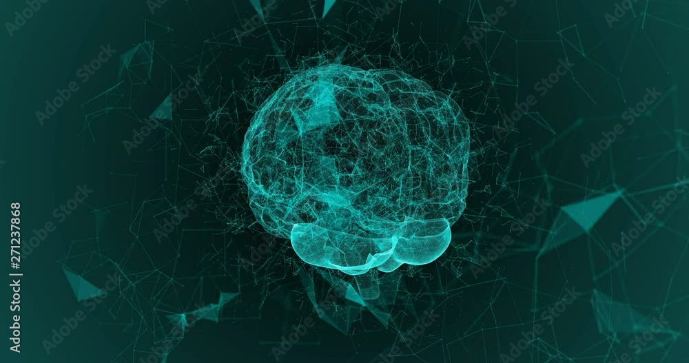 Poster human brain being formed by revolving particles. plexus structure evolving around. blue abstract fut