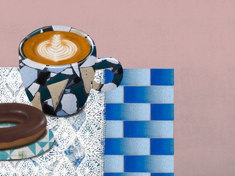 Coffee cup with chocolate donut on lace fabric background ,digital paint,free space for text