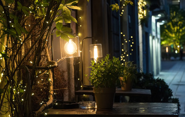 Beautiful vintage lamp on the street at night.