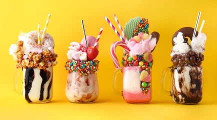 Fotobehang Different delicious freak shakes on color background © Pixel-Shot