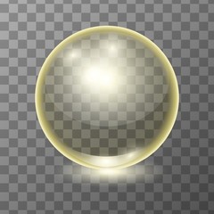 Vector realistic yellow transparent glass ball, shine sphere or soup bubble on dark background. 3D illustration.