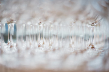 Several rows clear, clean glasses for wine and champagne on counter prepared for drinks.