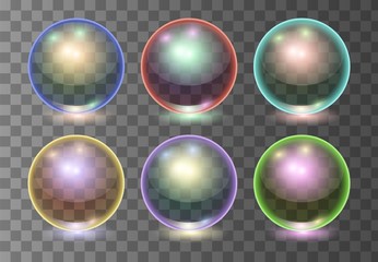 Set of vector realistic multicolor transparent glass balls, shine spheres or soup bubbles on dark background. 3D illustration.