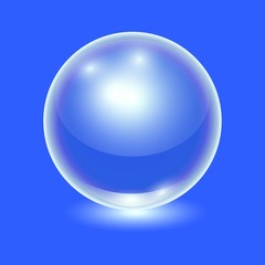 Vector realistic white transparent glass ball, shine sphere or soup bubble on blue background. 3D illustration.