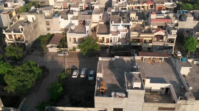 An aerial over the Basant Avenue, An Urban City located in Ludiana Punjab India, skyline including rooftop water tower.