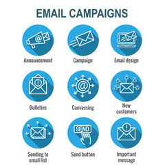 Email marketing campaigns icon set with email list, announcement, send button