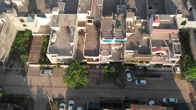 An aerial over the Basant Avenue Morning in summers, An Urban City located in Ludhiana Punjab India, skyline rooftop .