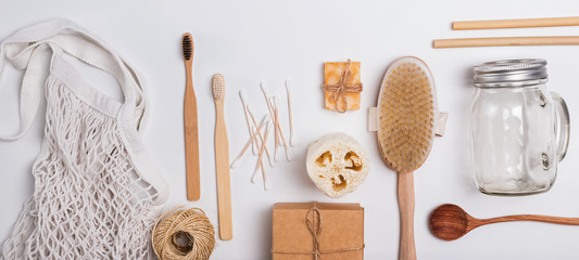 Zero waste concept. Reusable and natural material items for bathroom, kitchen and hygiene