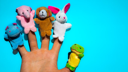 Hand wearing finger puppets: elephant, frog, dog, rabbit, hippo,bear. animal finger puppets show.