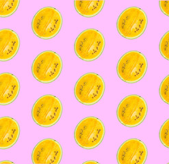 Fototapeta premium Flat lay composition with slices and seeds of watermelon on color background