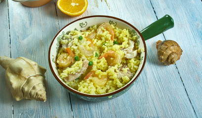 Paella with cod and shrimp