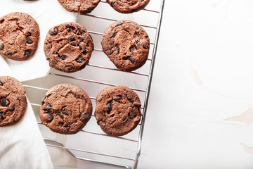 Tasty chocolate cookies on cooling rack