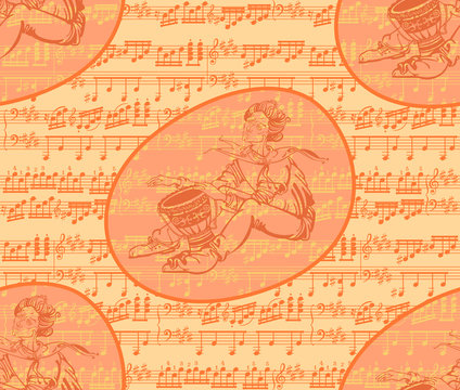 A young man plays a jemebe. Seamless pattern