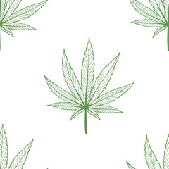 Seamless pattern with green cannabis leaves on white background.