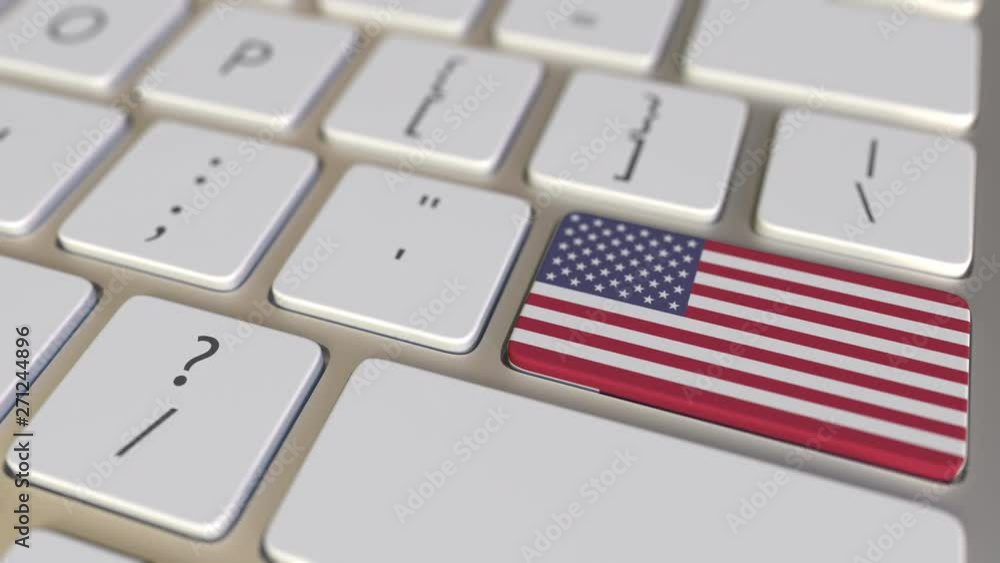 Poster key with flag of qatar on the computer keyboard switches to key with flag of the usa, translation or