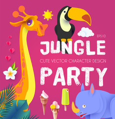 Jungle Patry. Exotic Animals Design Template. Tropic Event. Hot Birthday.