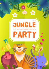 Jungle Party. Cute Exotic Animals Design. Children Event Poster Template. Papercraft.
